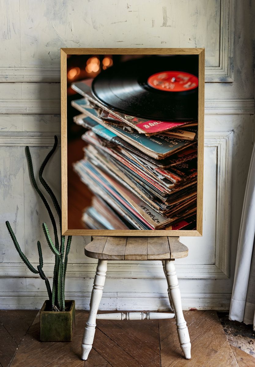 Vinyl Records Stack — Vintage Print. — room view 1