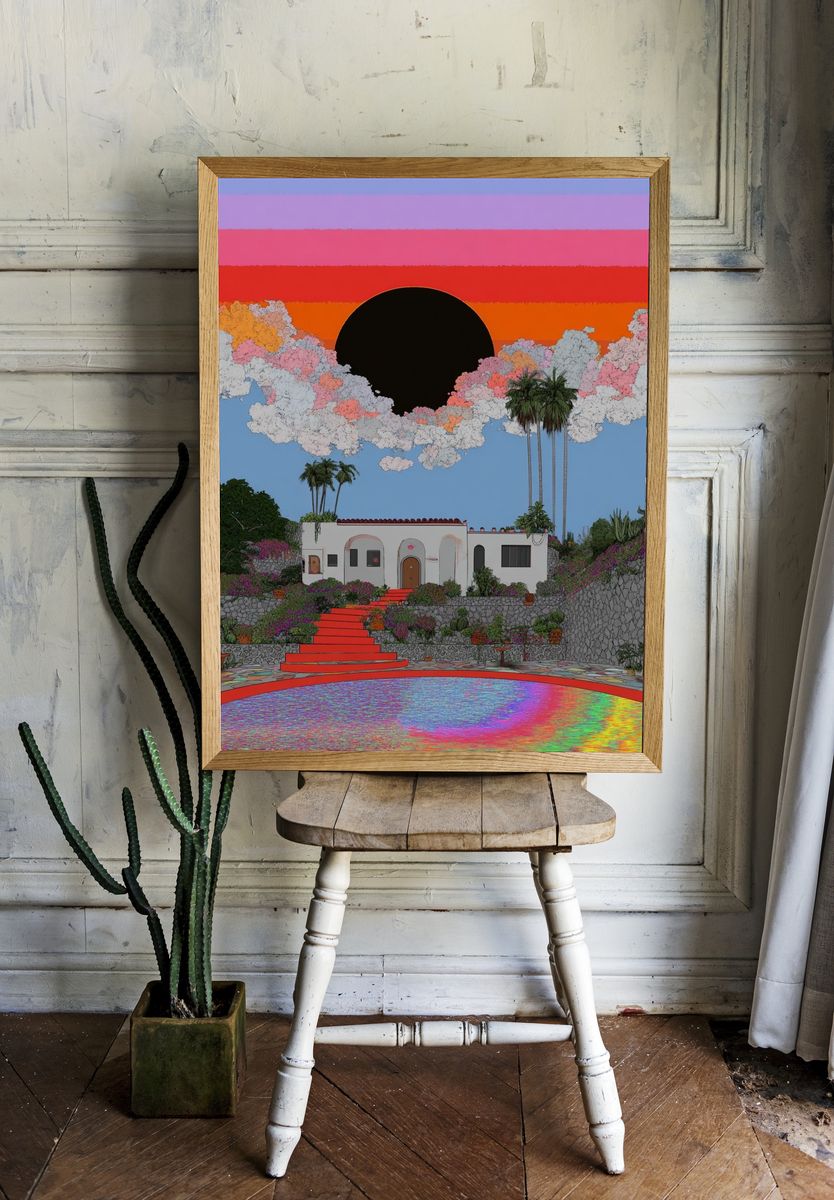 Vibrant Sunset Over House — Illustration Print. — room view 1