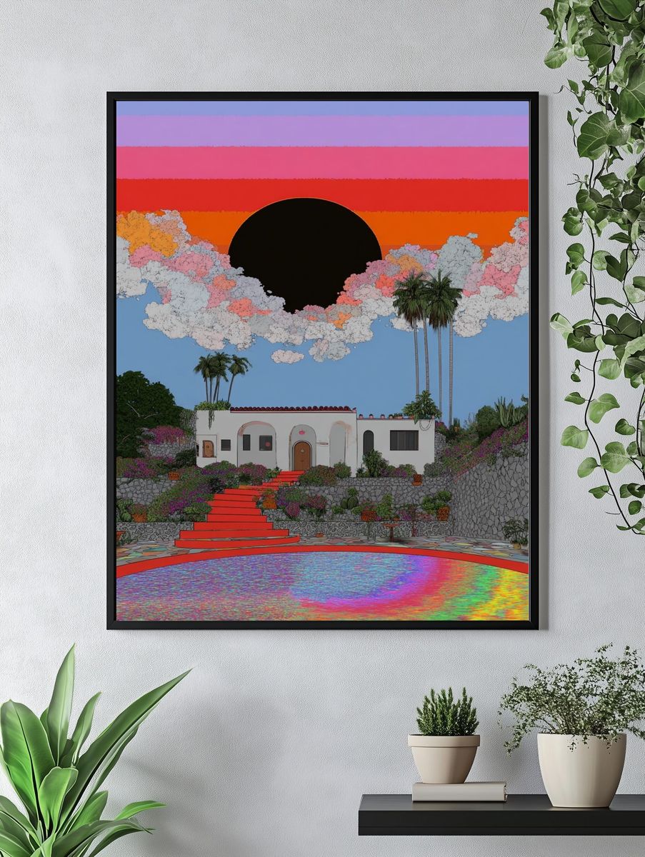 Vibrant Sunset Over House — Illustration Print. — room view 4