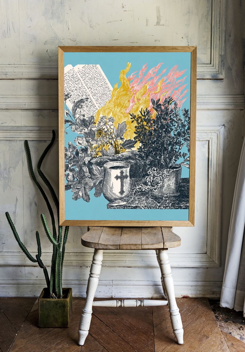 Floral Still Life with Flames — Vintage Print. — room view 1