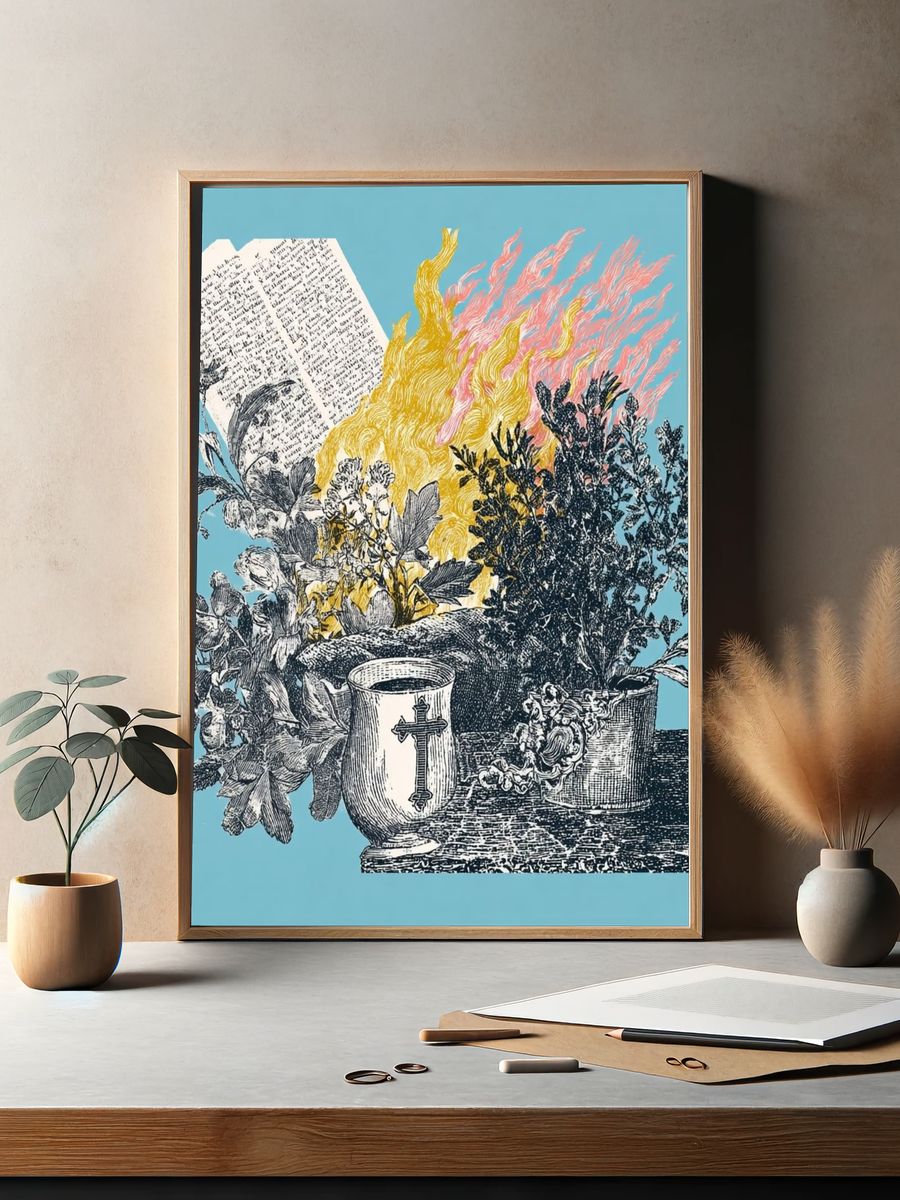 Floral Still Life with Flames — Vintage Print. — room view 2