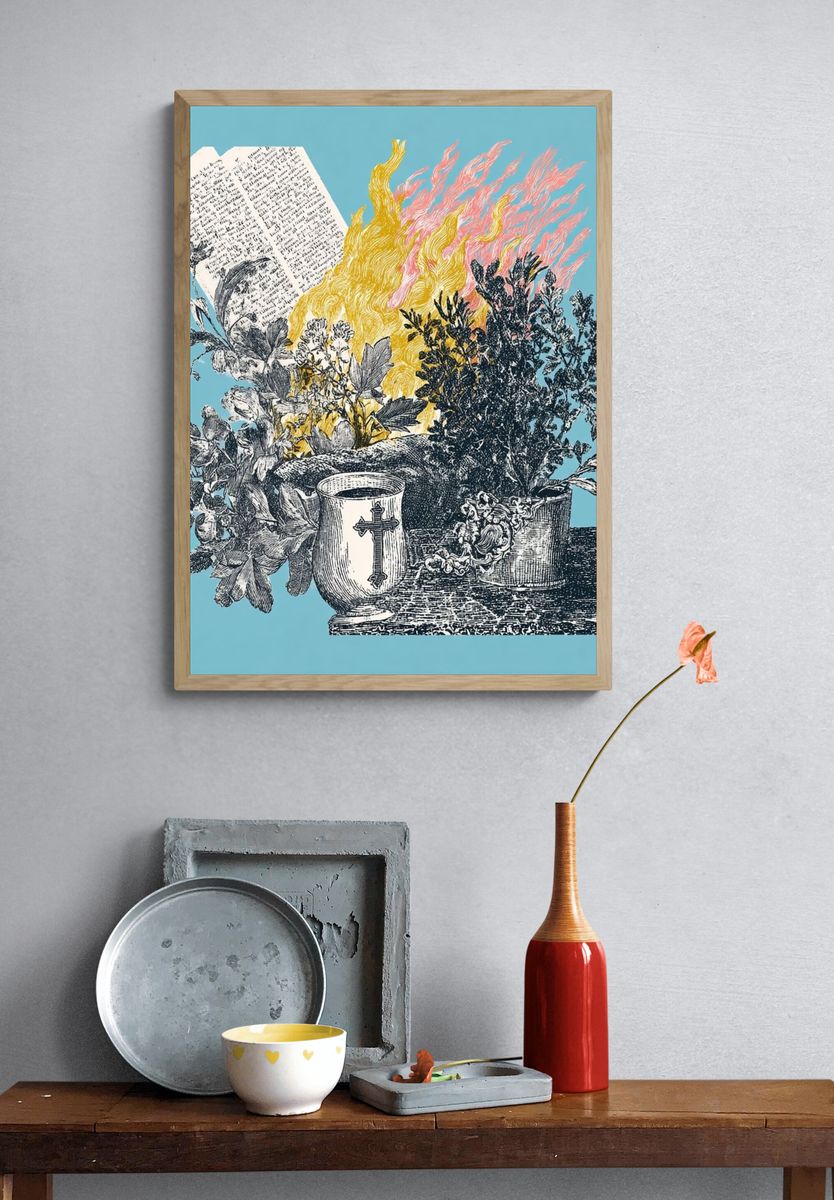 Floral Still Life with Flames — Vintage Print. — room view 3