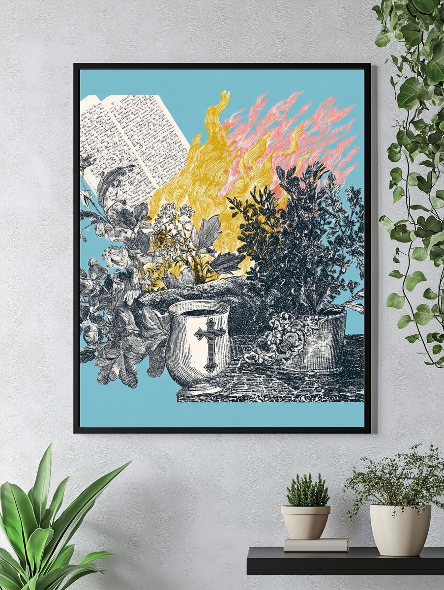 Floral Still Life with Flames — Vintage Print. — room view 4