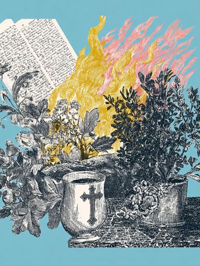 Floral Still Life with Flames — Vintage Print.