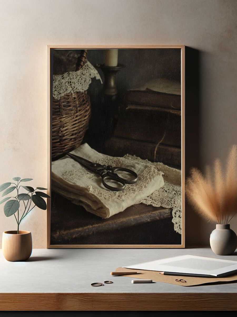 Vintage Still Life Sewing Poster. — room view 2
