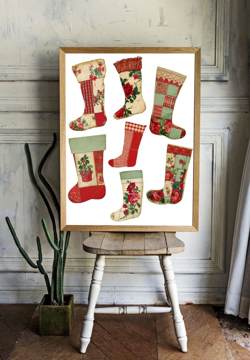 Vintage Patchwork Stockings Poster. room preview