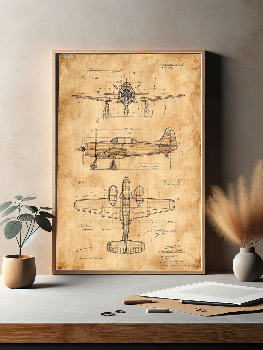 Vintage Airplane Blueprint Poster. — room view 2