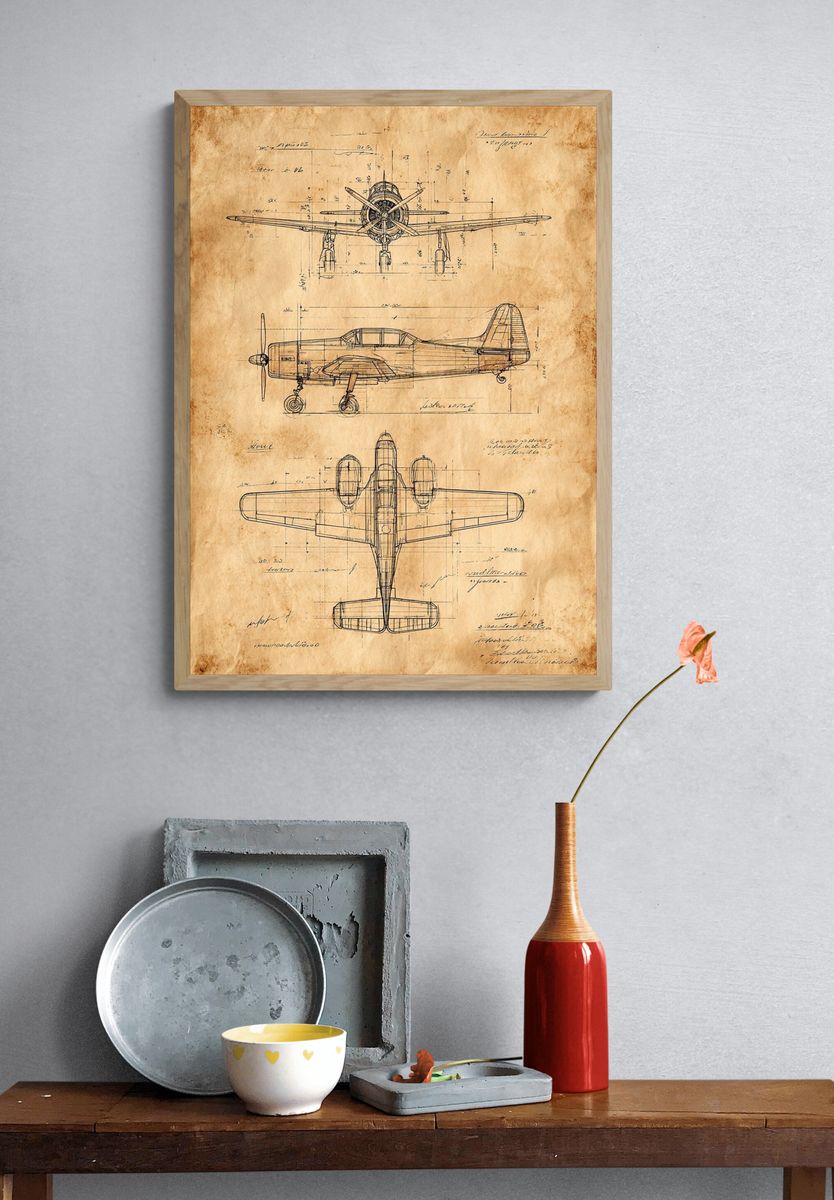 Vintage Airplane Blueprint Poster. — room view 3