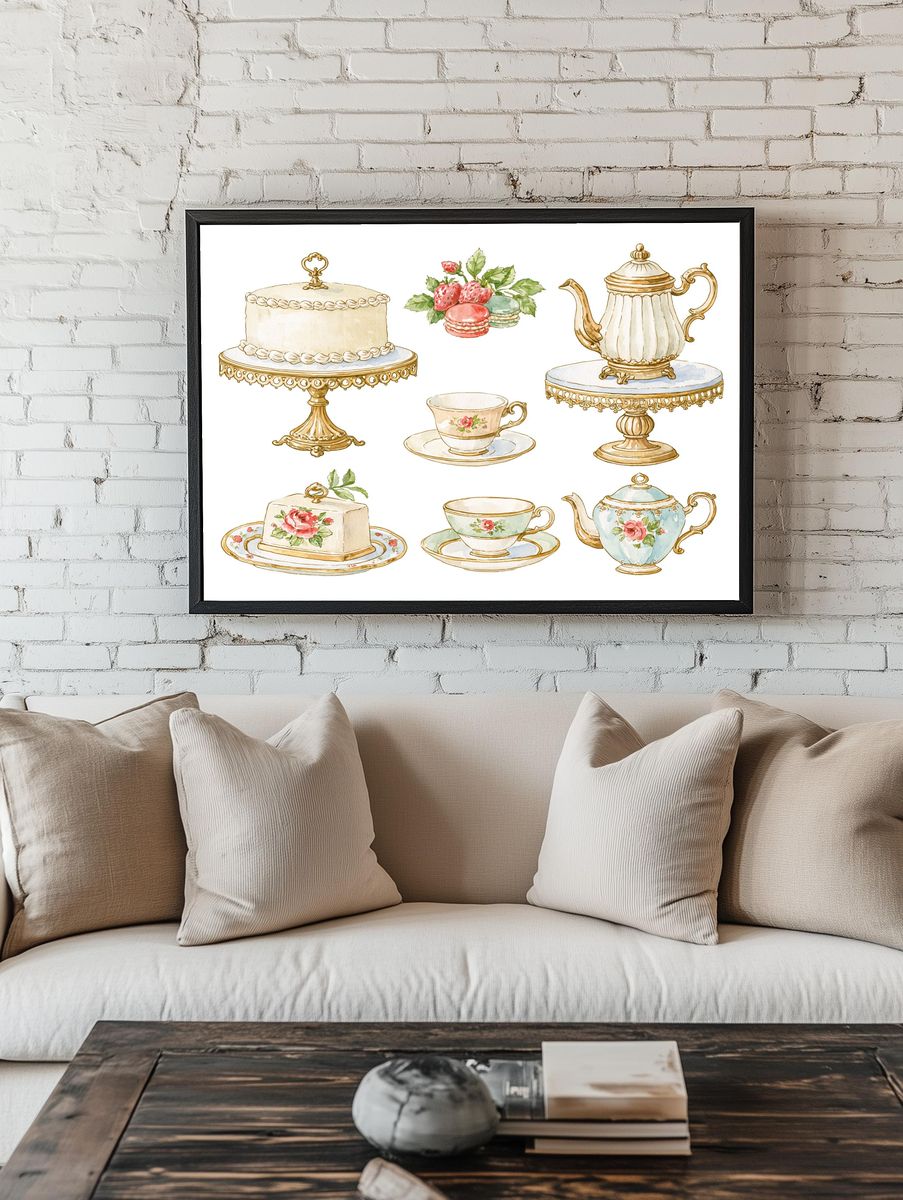 Vintage Tea Set Watercolor Poster. — room view 1