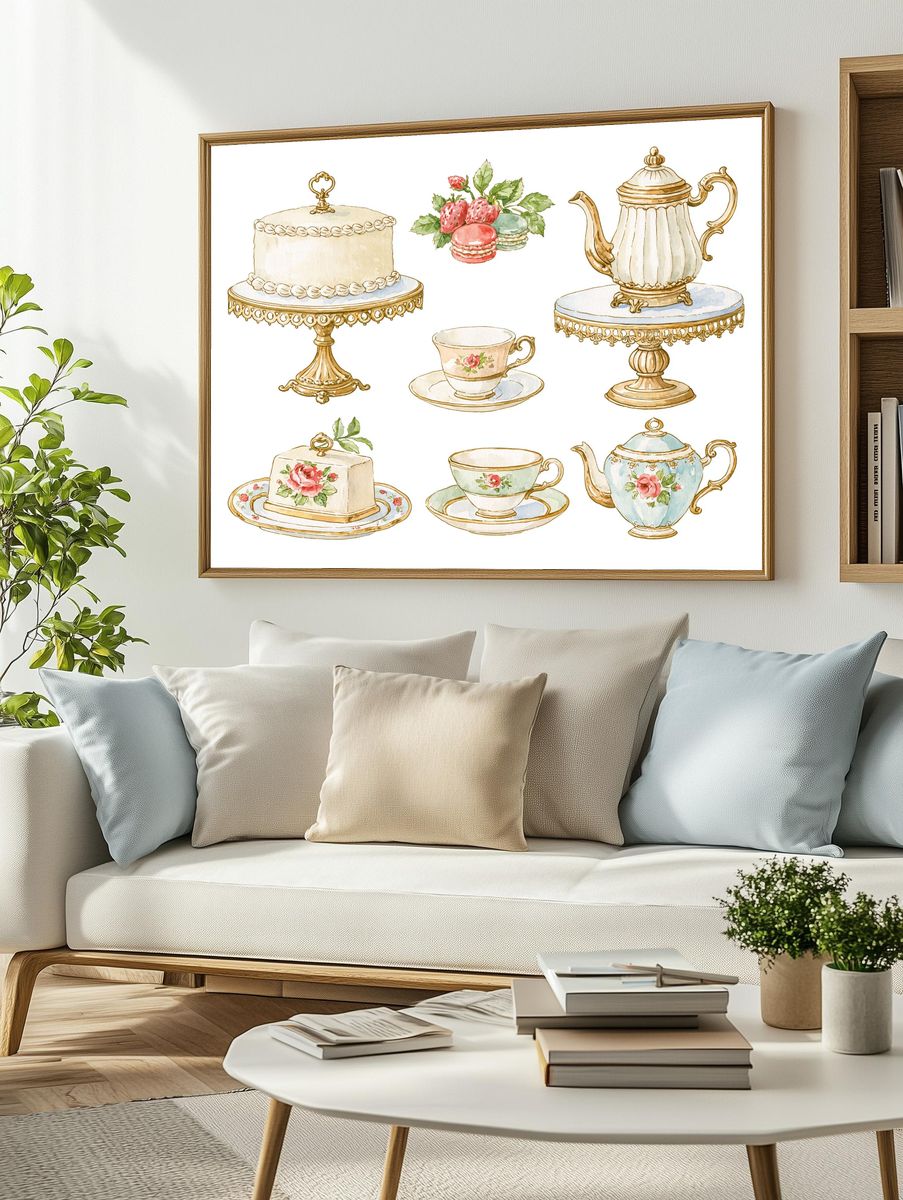 Vintage Tea Set Watercolor Poster. — room view 2