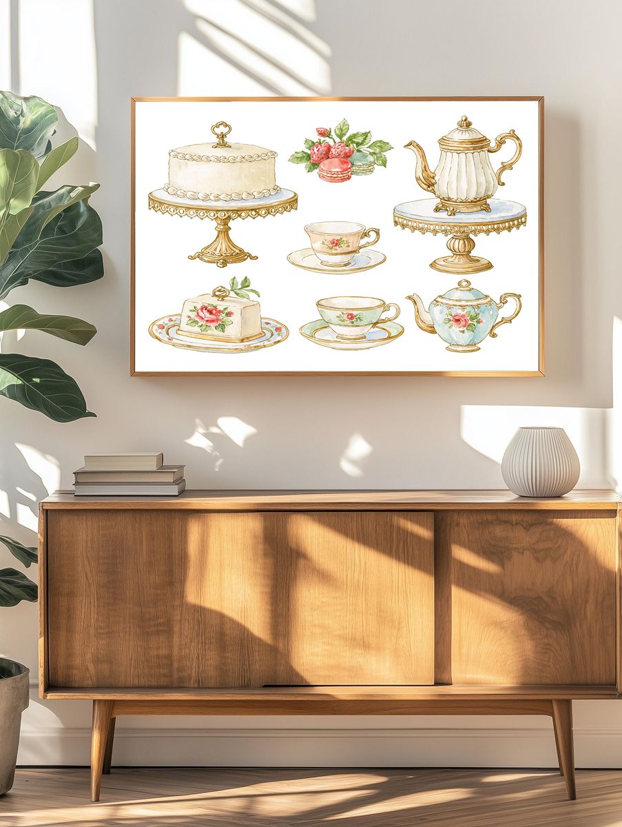 Vintage Tea Set Watercolor Poster. — room view 3