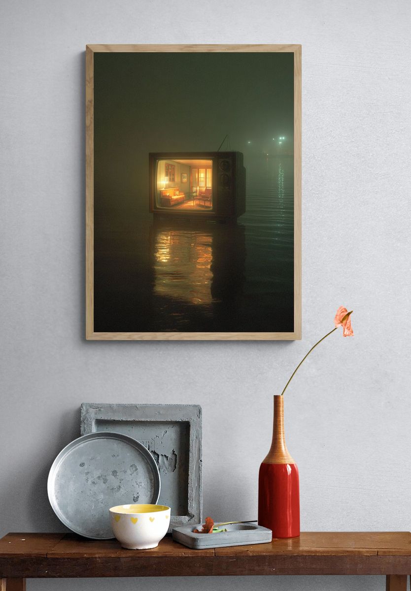 Vintage Television in Fog — Surreal Print. — room view 3
