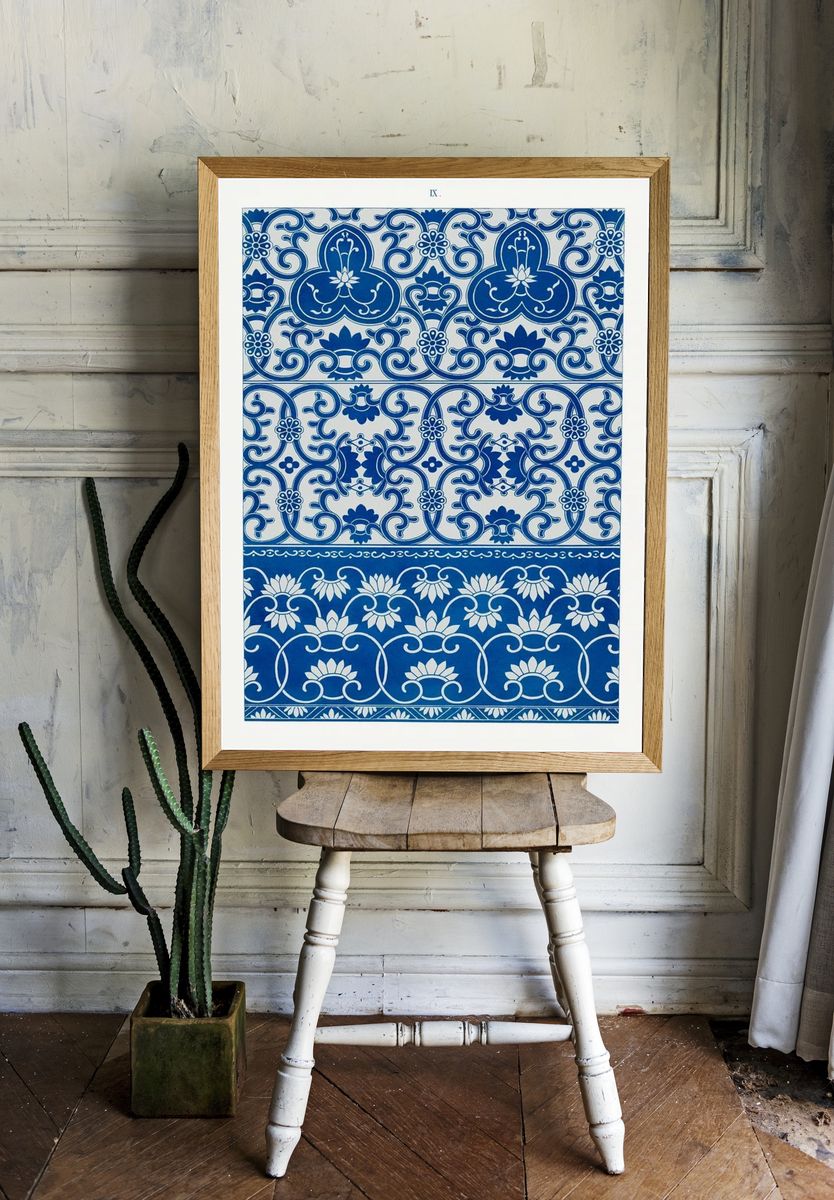 Blue Tile Pattern Vintage Print room preview