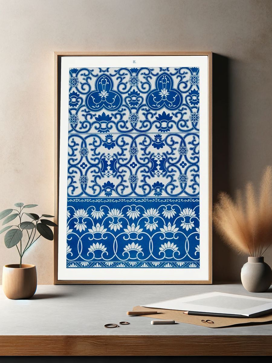Blue Tile Pattern Vintage Print. — room view 2