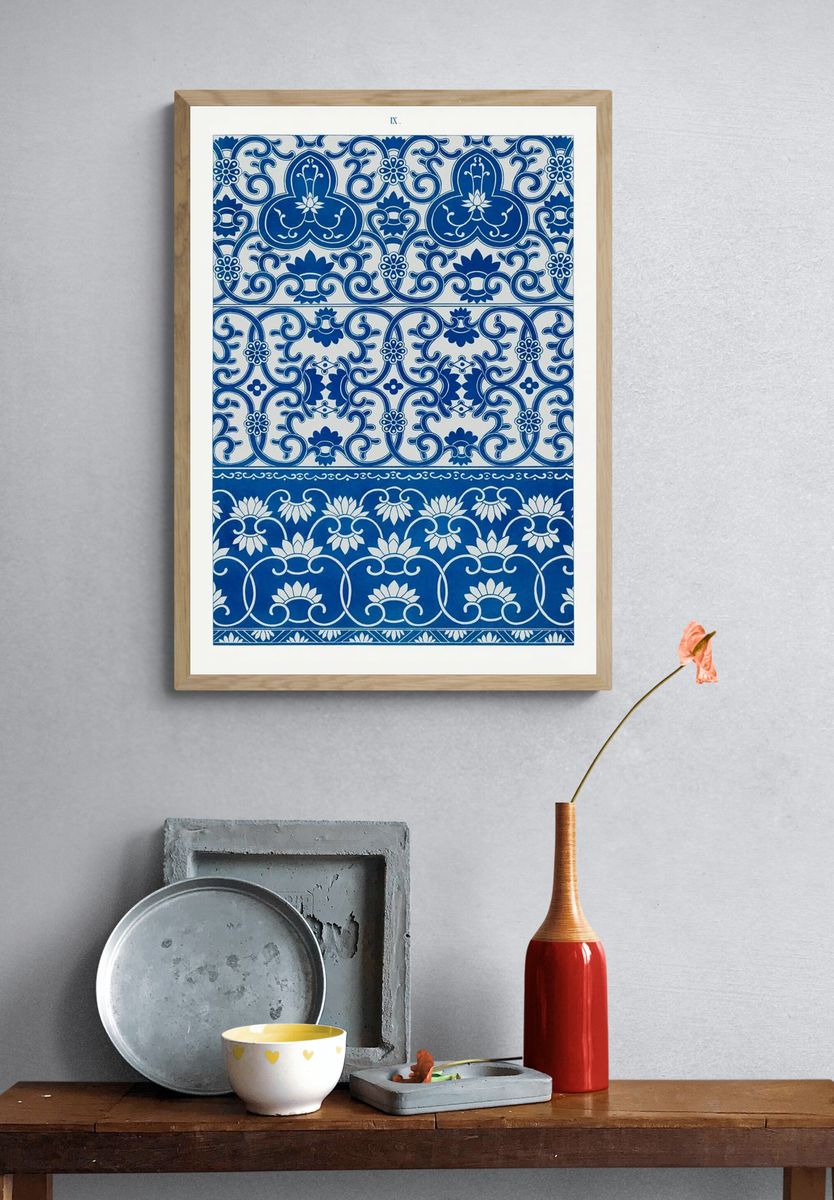 Blue Tile Pattern Vintage Print. — room view 3