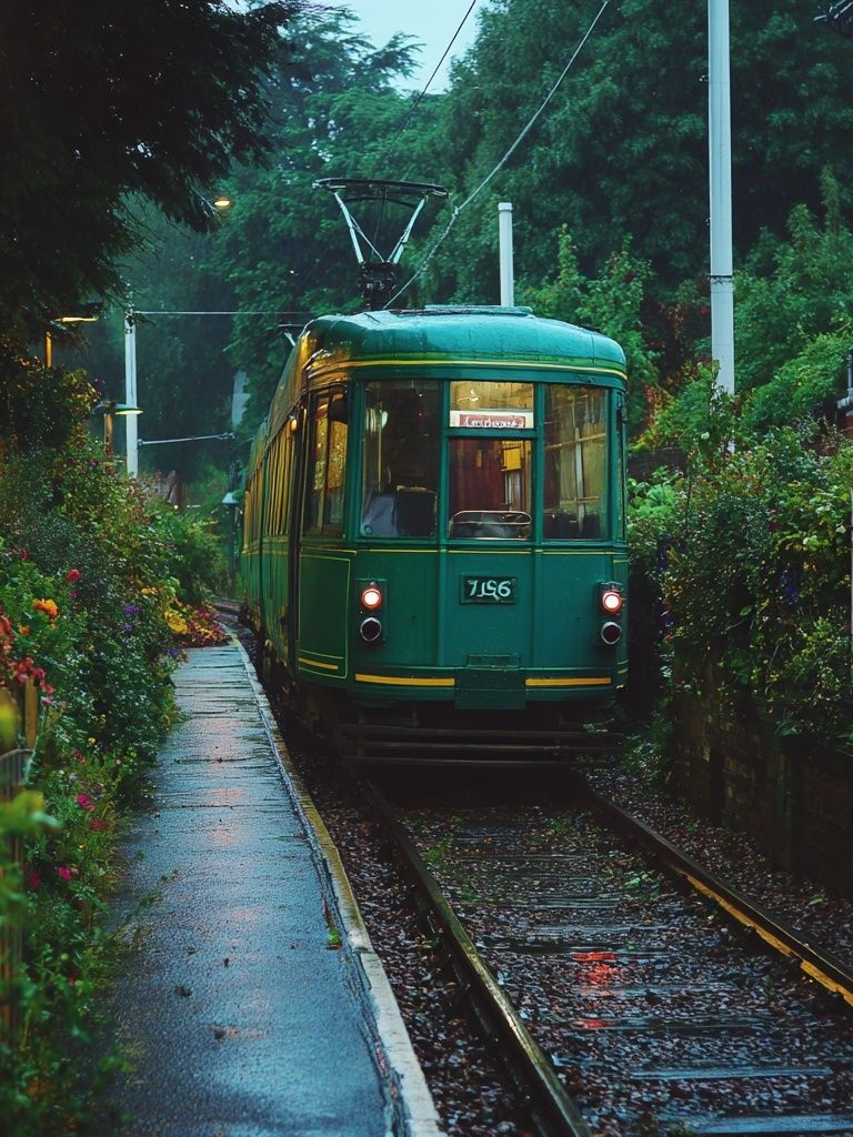 Vintage Tram in Rainy Street Poster. poster detail