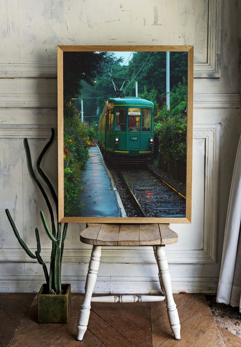 Vintage Tram in Rainy Street Poster. room preview