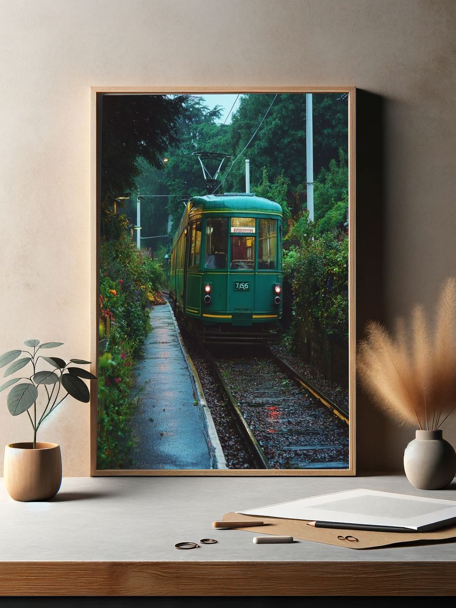 Vintage Tram in Rainy Street Poster. — room view 2