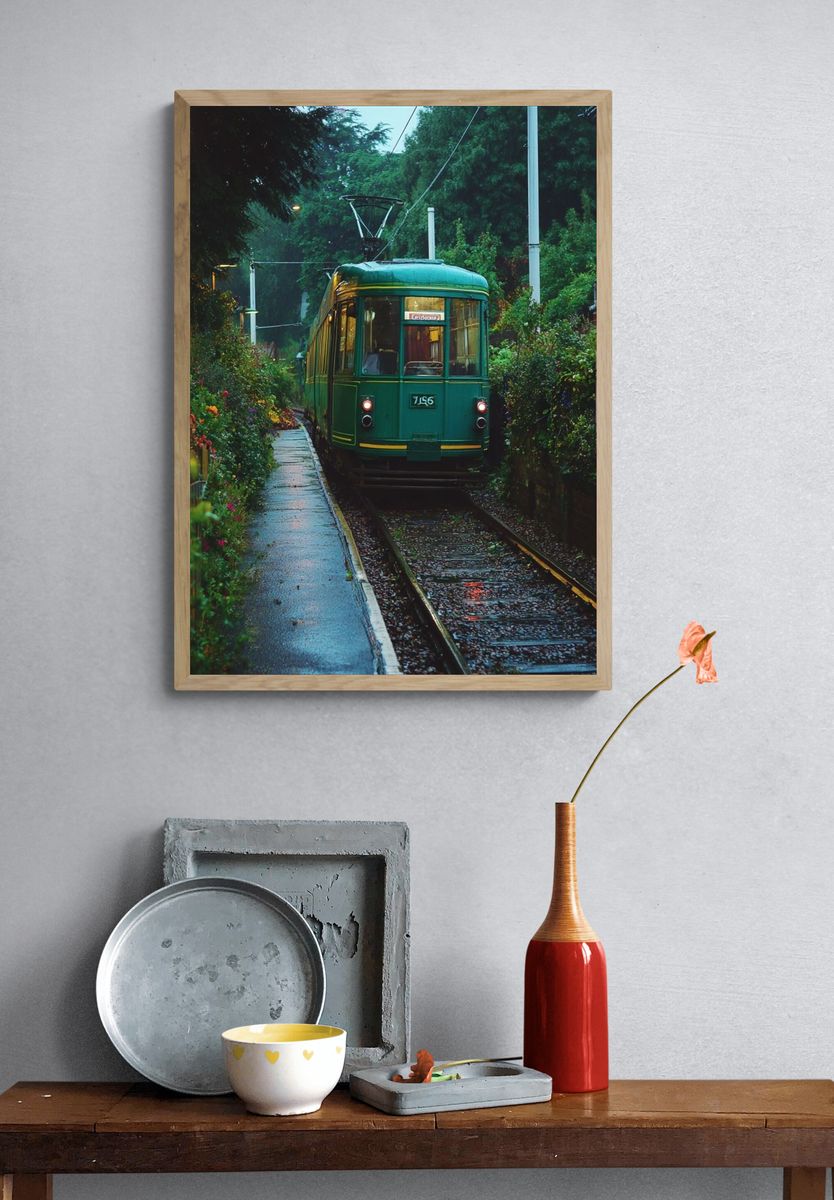 Vintage Tram in Rainy Street Poster. — room view 3