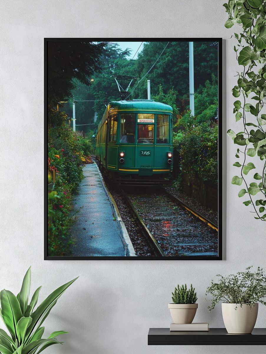 Vintage Tram in Rainy Street Poster. — room view 4