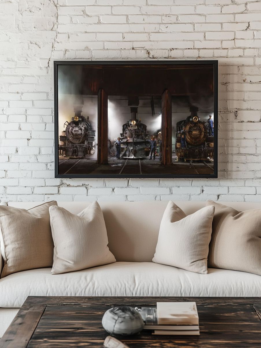 Steam Locomotives in Workshop — Vintage Print. room preview