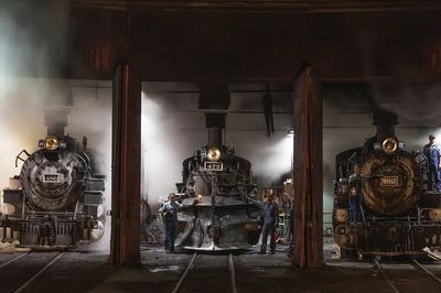 Steam Locomotives in Workshop — Vintage Print.