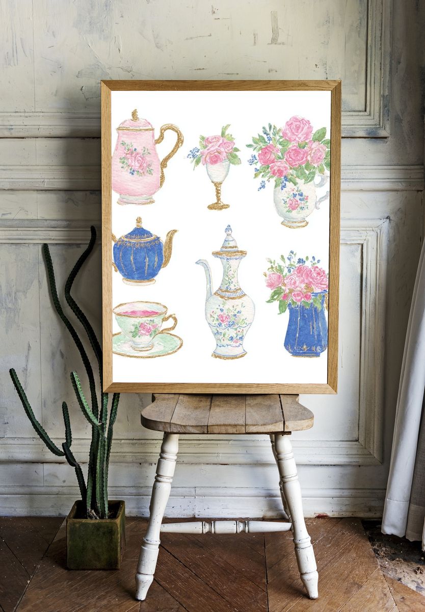 Vintage Tea Set Watercolor Poster. room preview
