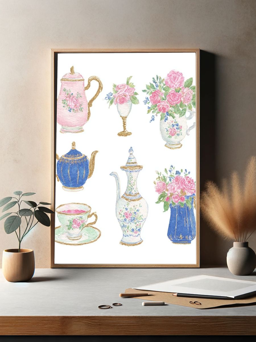 Vintage Tea Set Watercolor Poster. — room view 2