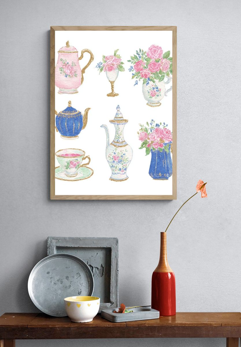 Vintage Tea Set Watercolor Poster. — room view 3