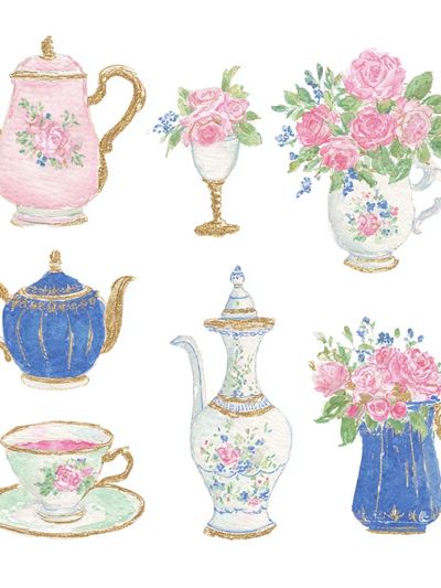 Vintage Tea Set Watercolor Poster. poster