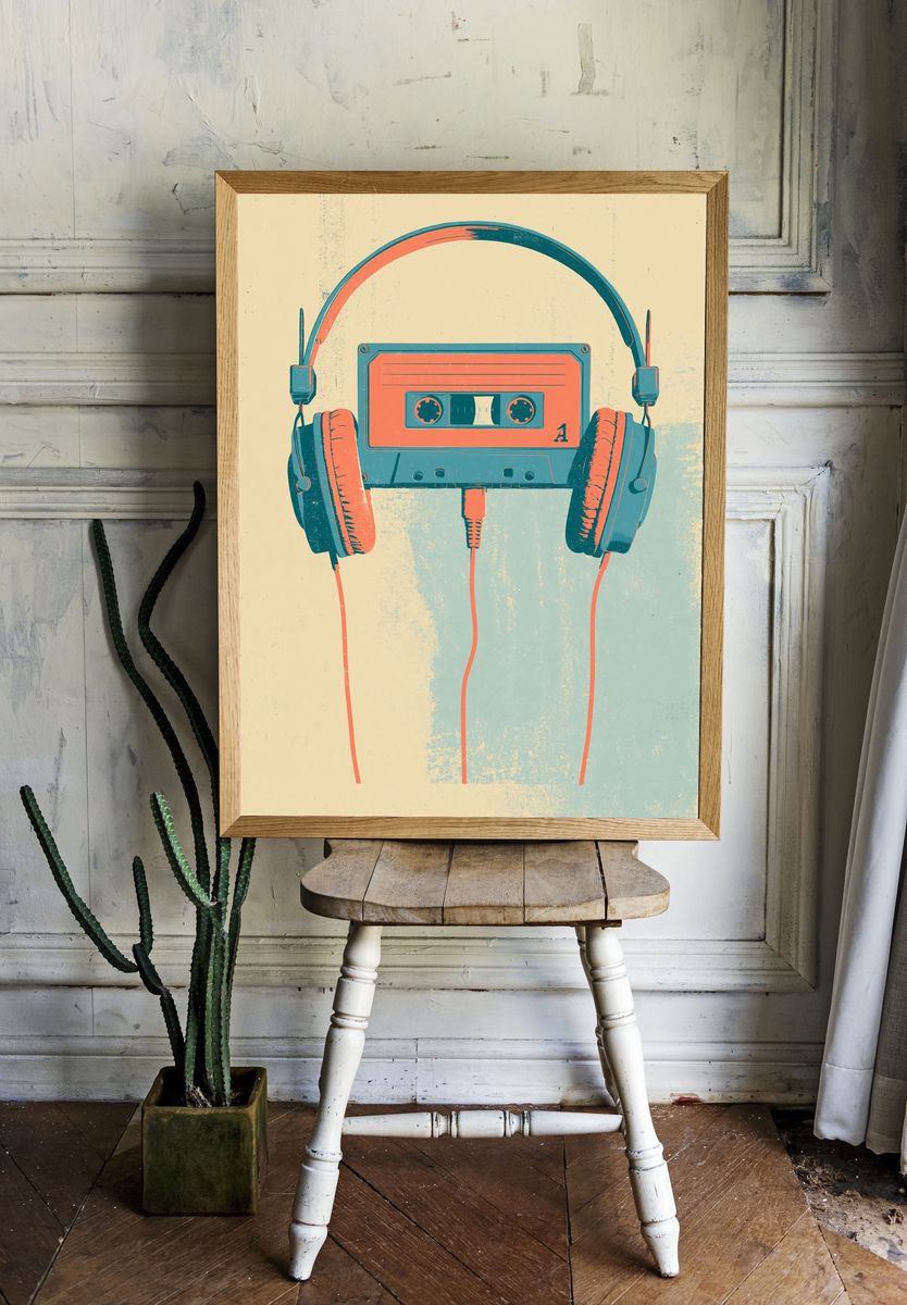 Retro Cassette Headphones Poster. room preview