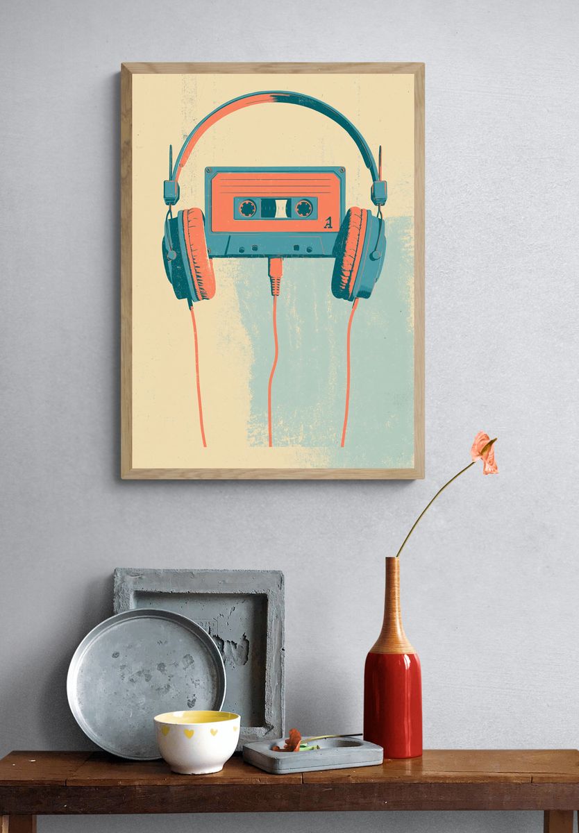 Retro Cassette Headphones Poster. — room view 3