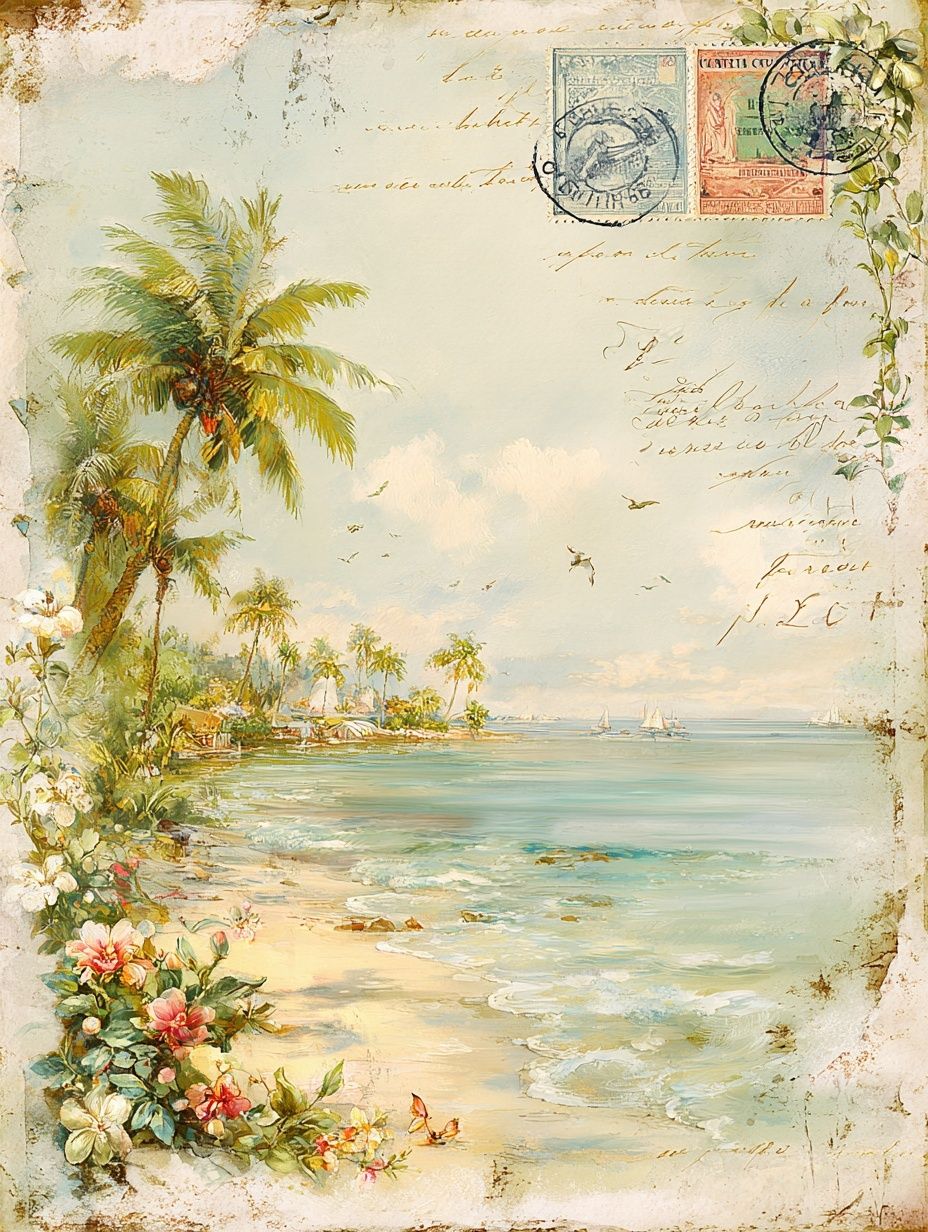 Tropical Beach Postcard Vintage Print. poster — vintage art