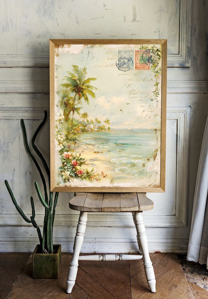 Tropical Beach Postcard Vintage Print. room preview