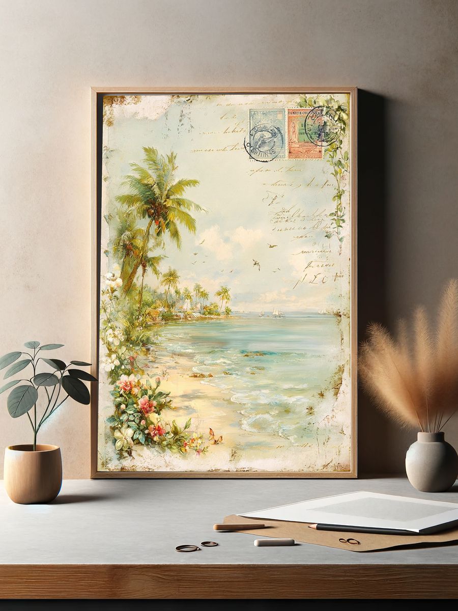 Tropical Beach Postcard Vintage Print. — room view 2