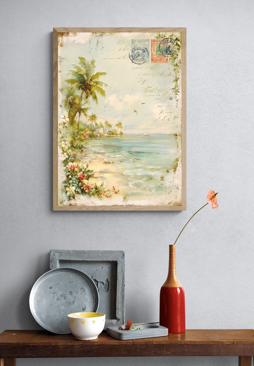 Tropical Beach Postcard Vintage Print. — room view 3