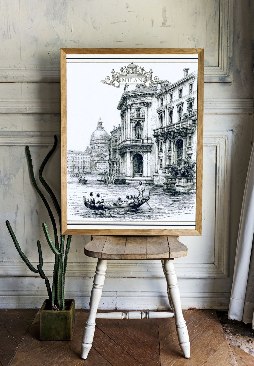 Milan Canal Scene Vintage Print. room preview