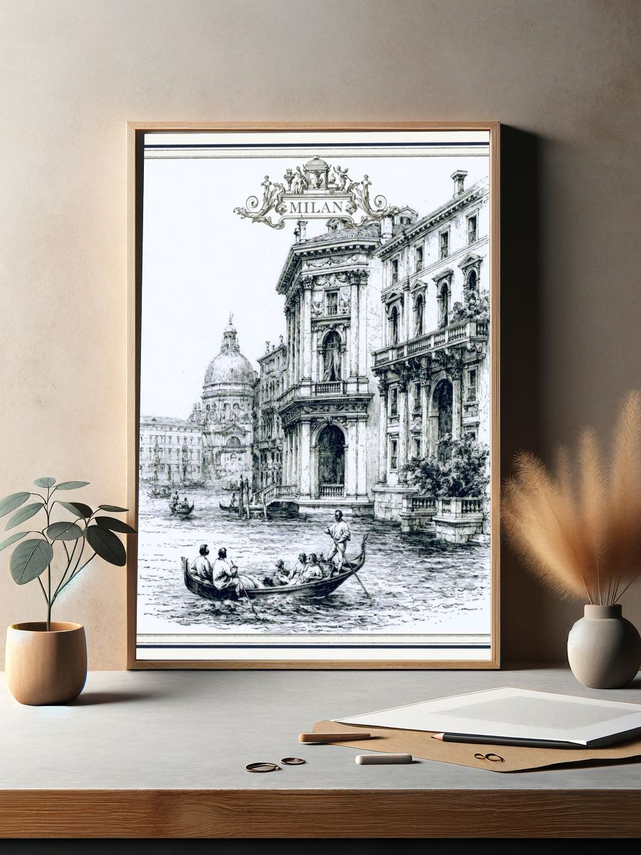 Milan Canal Scene Vintage Print. — room view 2