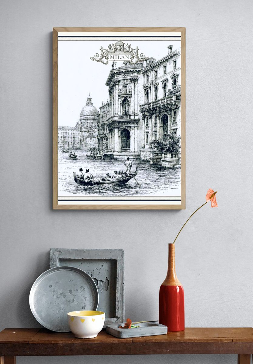 Milan Canal Scene Vintage Print. — room view 3