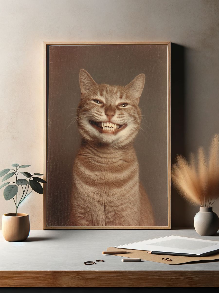 Grinning Tabby Cat Vintage Print. — room view 2