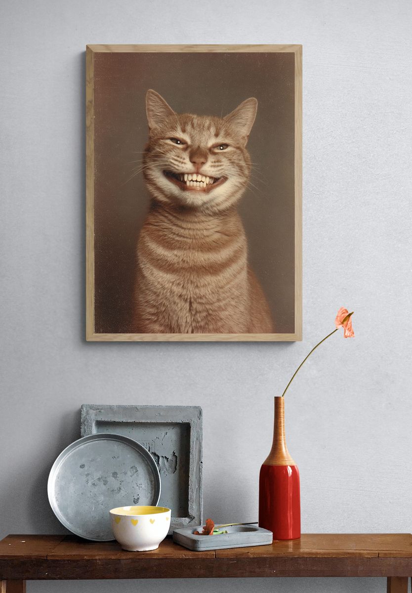 Grinning Tabby Cat Vintage Print. — room view 3