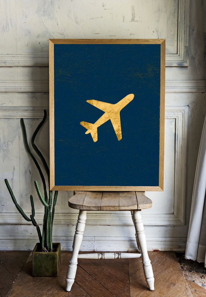 Golden Airplane Vintage Travel Poster. room preview