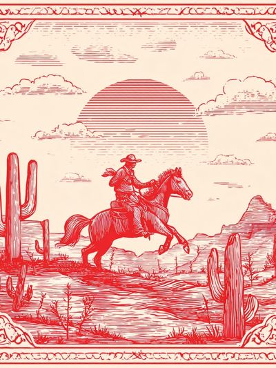 Cowboy Desert Ride Vintage Print.
