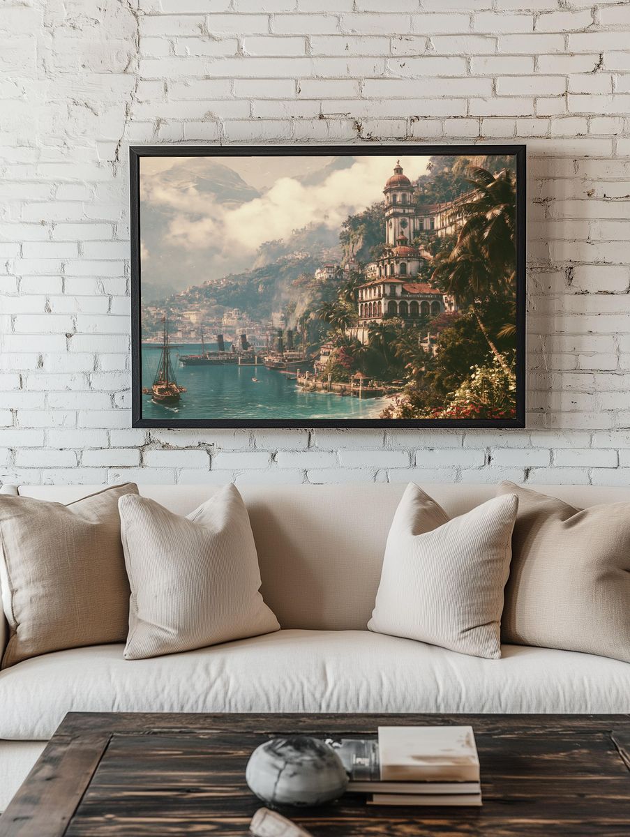 Tropical Harbor Cityscape Print. — room view 1