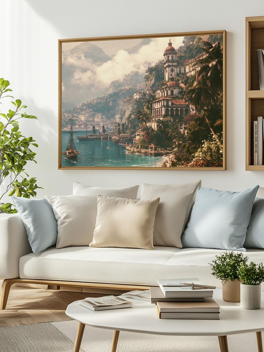 Tropical Harbor Cityscape Print. — room view 2