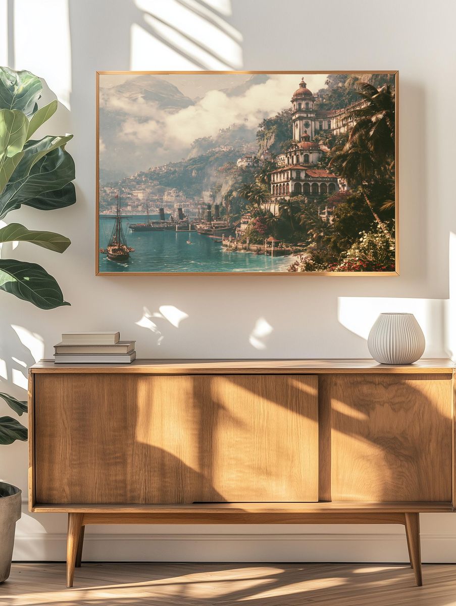 Tropical Harbor Cityscape Print. — room view 3