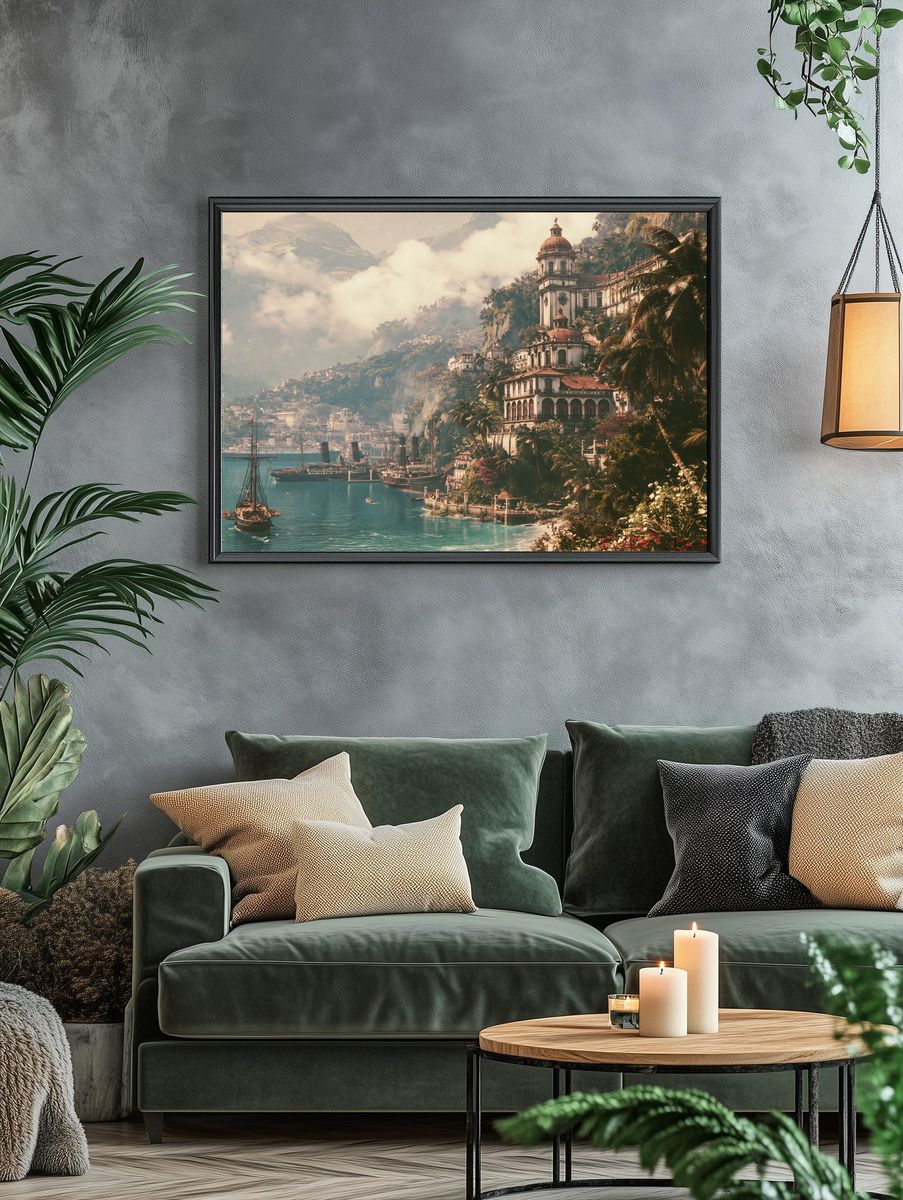 Tropical Harbor Cityscape Print. — room view 4