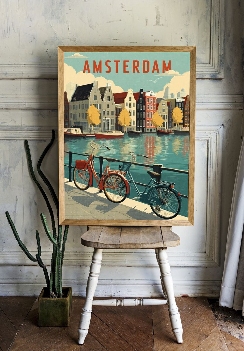 Amsterdam Canal Bikes Vintage Poster. — room view 1