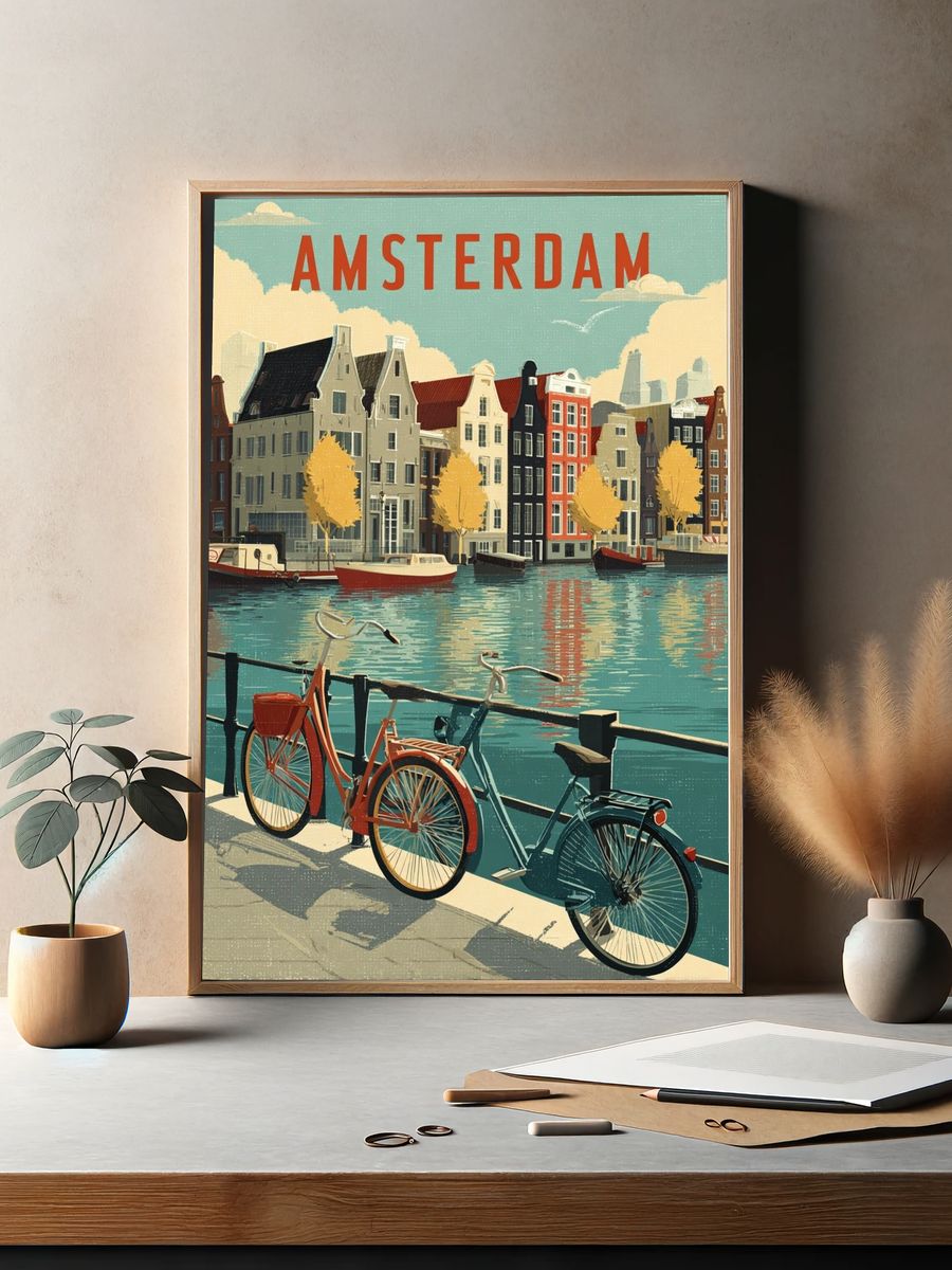 Amsterdam Canal Bikes Vintage Poster. — room view 2