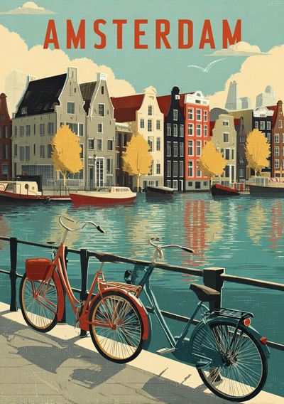 Amsterdam Canal Bikes Vintage Poster